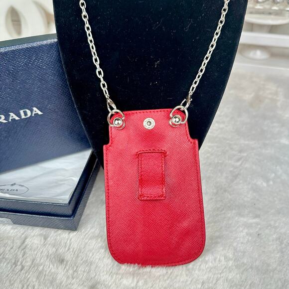 Prada red leather lanyard ID holder on chain - Picture 3 of 13
